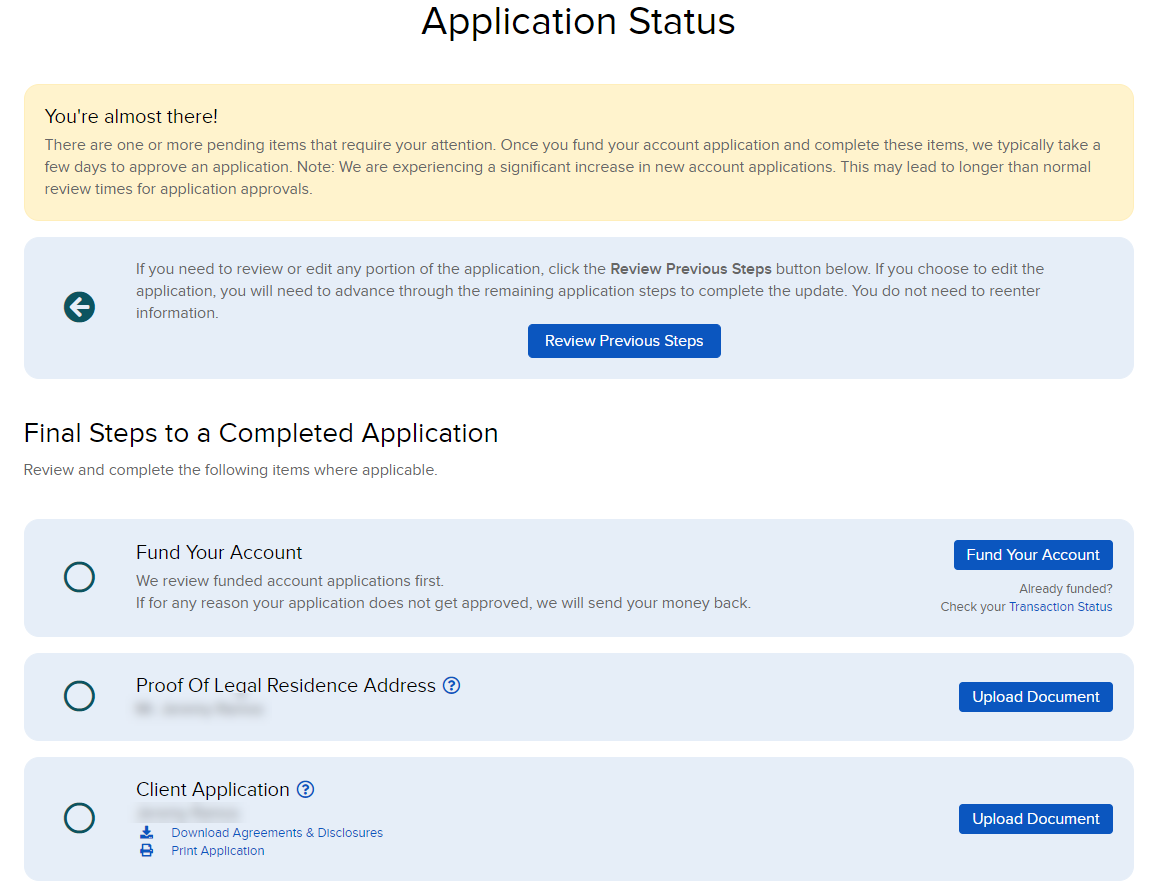 The application status page in Portal. 
